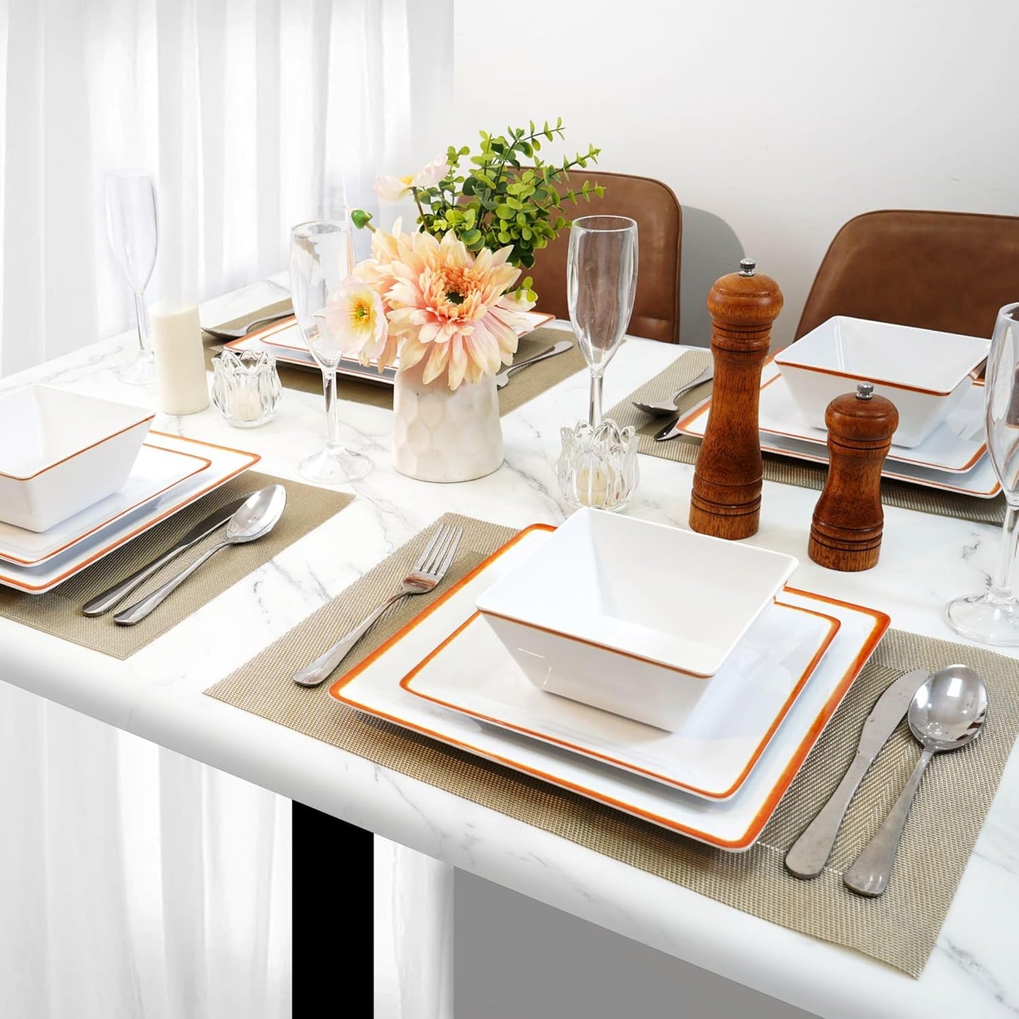 TP 12-Piece Dinnerware Set, Melamine Dishes Set with Bowls and Plates, Non-breakable and Lightweight Square Dinner Set for 4, White with Rim