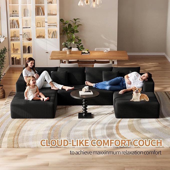 Fancyfire 134.6" Cloud Modular Sectional Couch with Chaise and Pillows,Ultimate Comfort U-Shaped Deep Seat Sofa,Boneless Couch Upholstered 3-Seater Sofas for Living Room, No Assembly Required(Black)