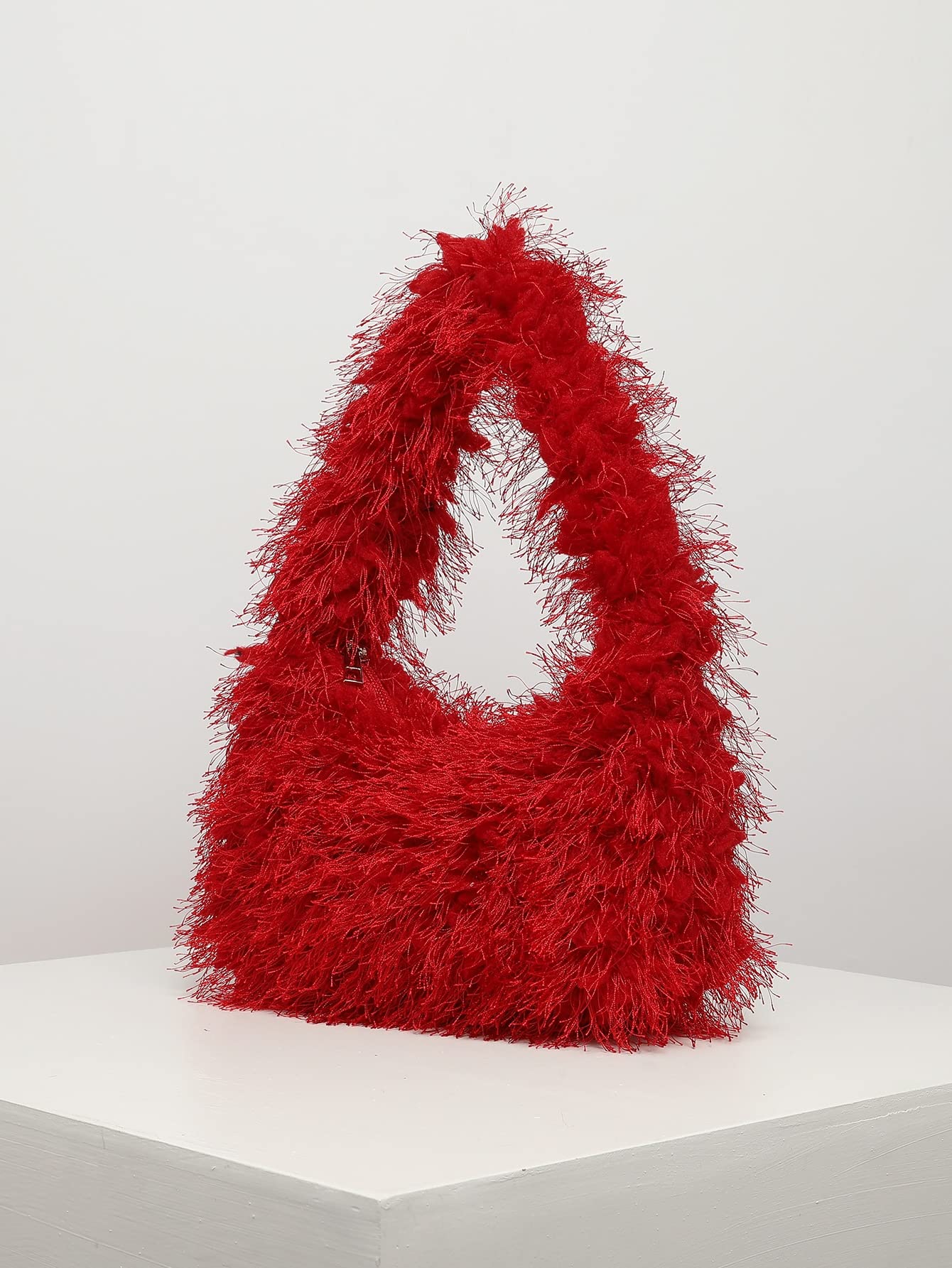 Verdusa Women's Faux Fur Fuzzy Hobo Bag Furry Handbag Purse Red one-size