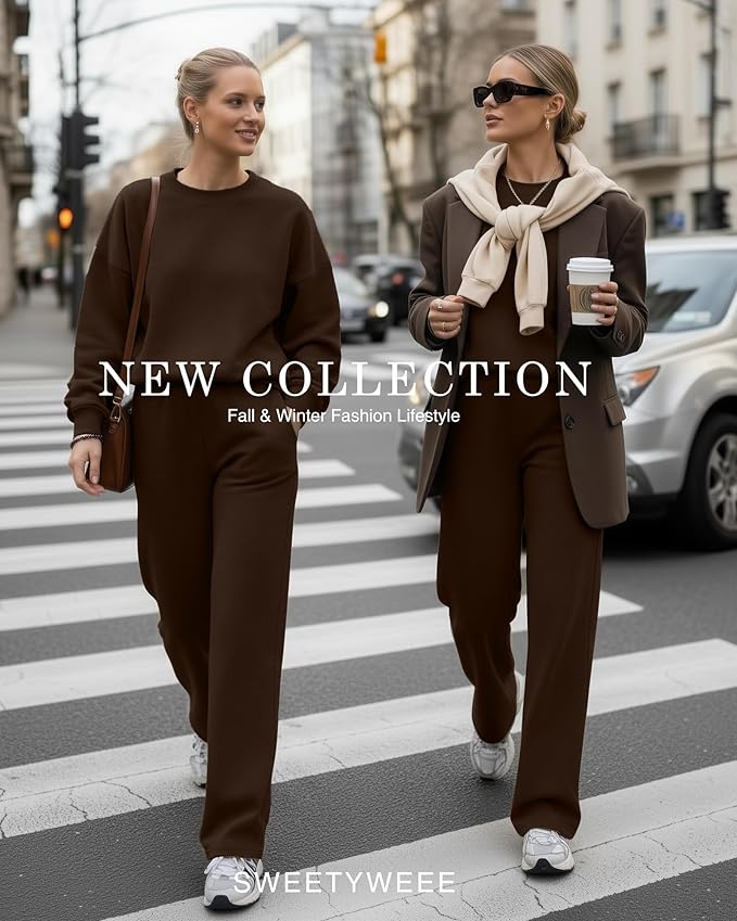 Sweetyweee Women's 2 Piece Outfits Set Fleece Lined Lounge Sweatsuit Crewneck Pullover Top Wide Leg Pants Casual Tracksuit