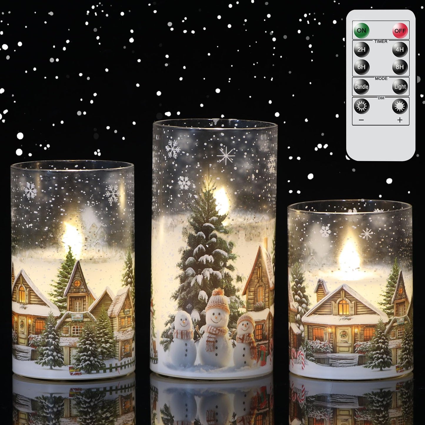 Eldnacele Snowman Glass Flameless Flickering Candles with Remote and Timer, Battery Operated Real Wax LED Pillar Candles Snowman