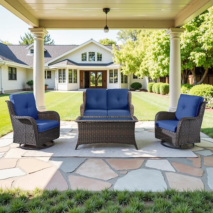 Belord 8 Piece Outdoor Patio Furniture Set - 41" CSA Propane Fire Pit Table Patio Conversation Set with Swivel Rocker Outdoor Chairs, Wicker loveseat and Ottoman for Outside Casual Gathering