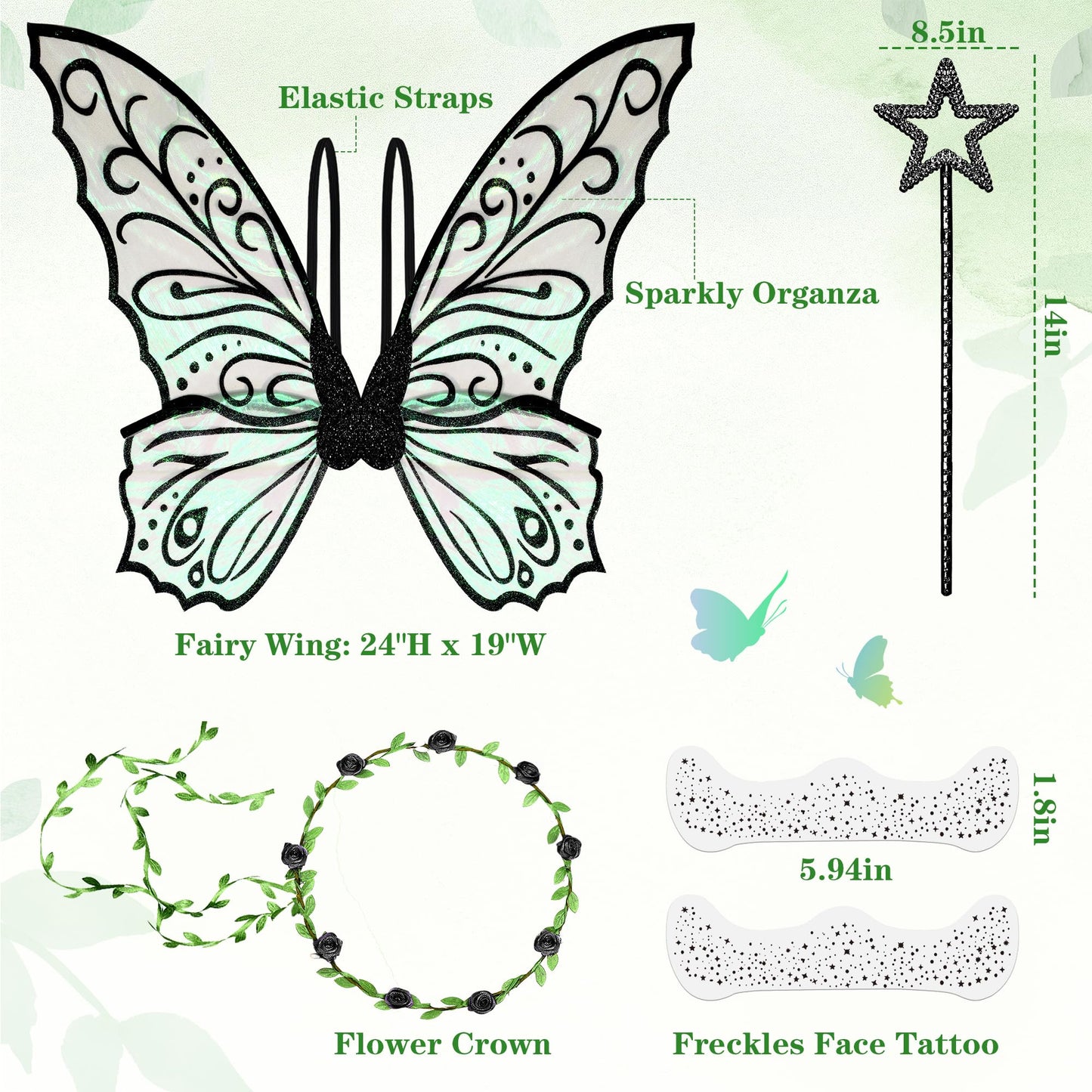 U-Zomir Fairy Costume Wings for Women Girls, Sparkle Black Fairy Butterfly Wings Halloween Costume Dress up Christmas Birthday Party Favor Wedding