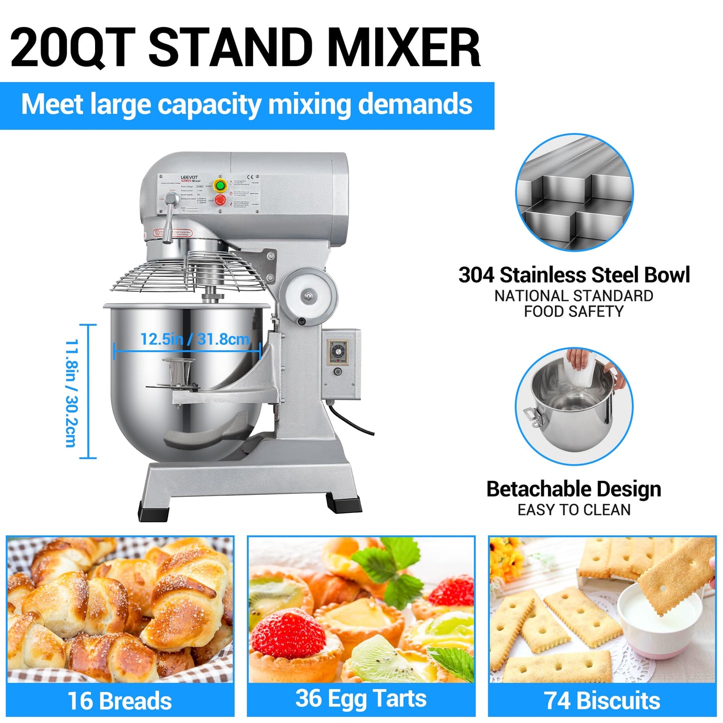 LEEVOT 20 qt 1100W Commercial Food Mixer, Commercial mixer 3-Speed Adjustable Heavy Duty Stand Mixer with Stainless Steel Bowl for Bakery Pizzeria. (Stand)