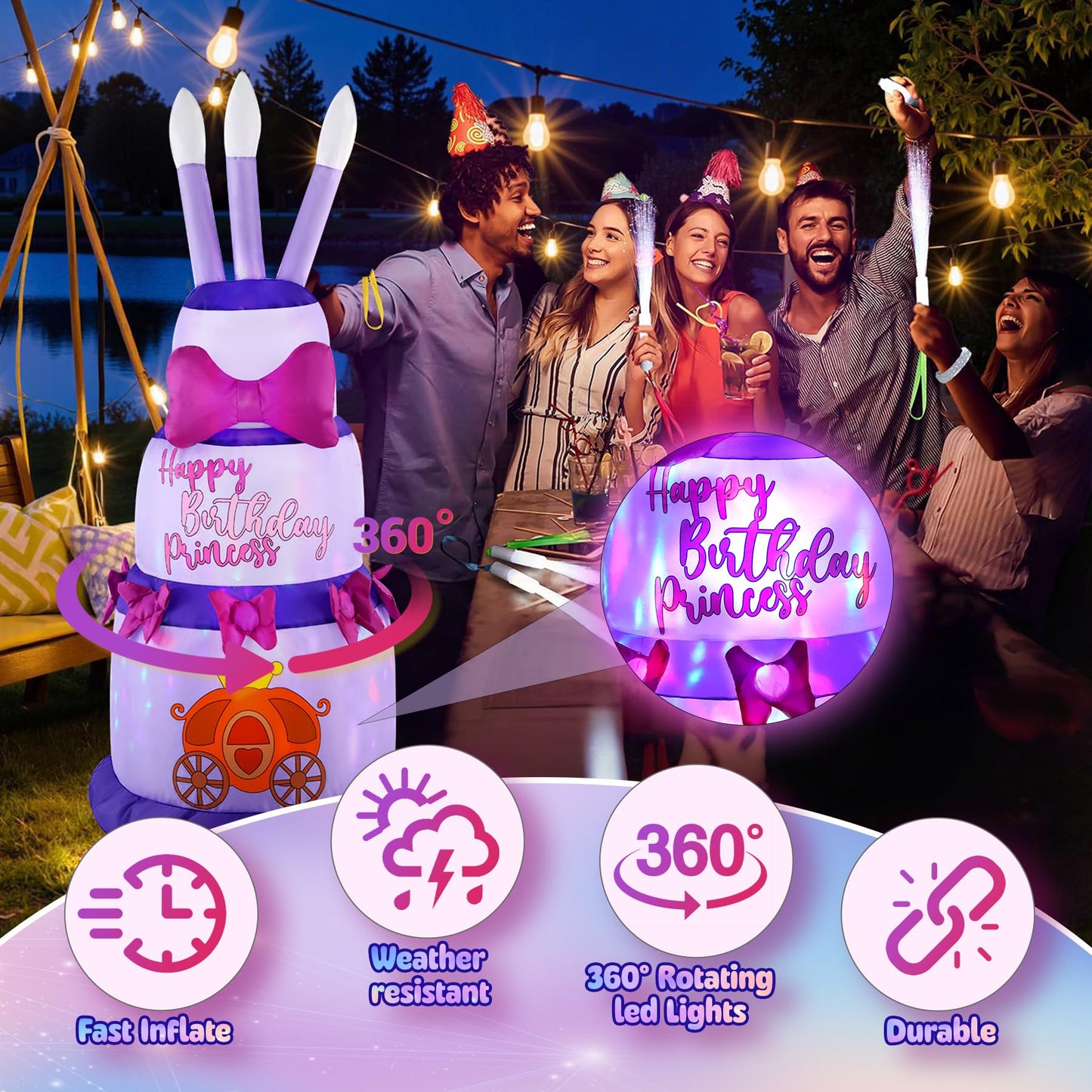 GIFTFIND 4.5Ft Inflatable Birthday Cake with Rotating Fairy Lights, Outdoor Birthday Party Decoration Cake with Candles, Holiday Blow Up Celebration Decor for Indoor Outdoor Yard Lawn, Pink Princess
