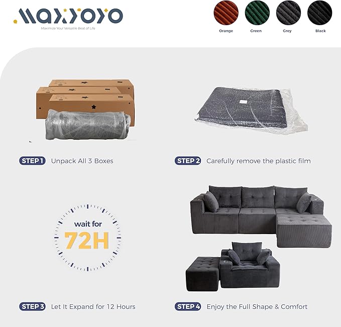 MAXYOYO Modular Sectional Sofa Couch and Chaise Lounge, L Shaped Modern Cloud Couch with Ottoman, Sofa in A Box, Tufted Boneless Sleeper Chair for Living Room, No Assembly Required, Grey
