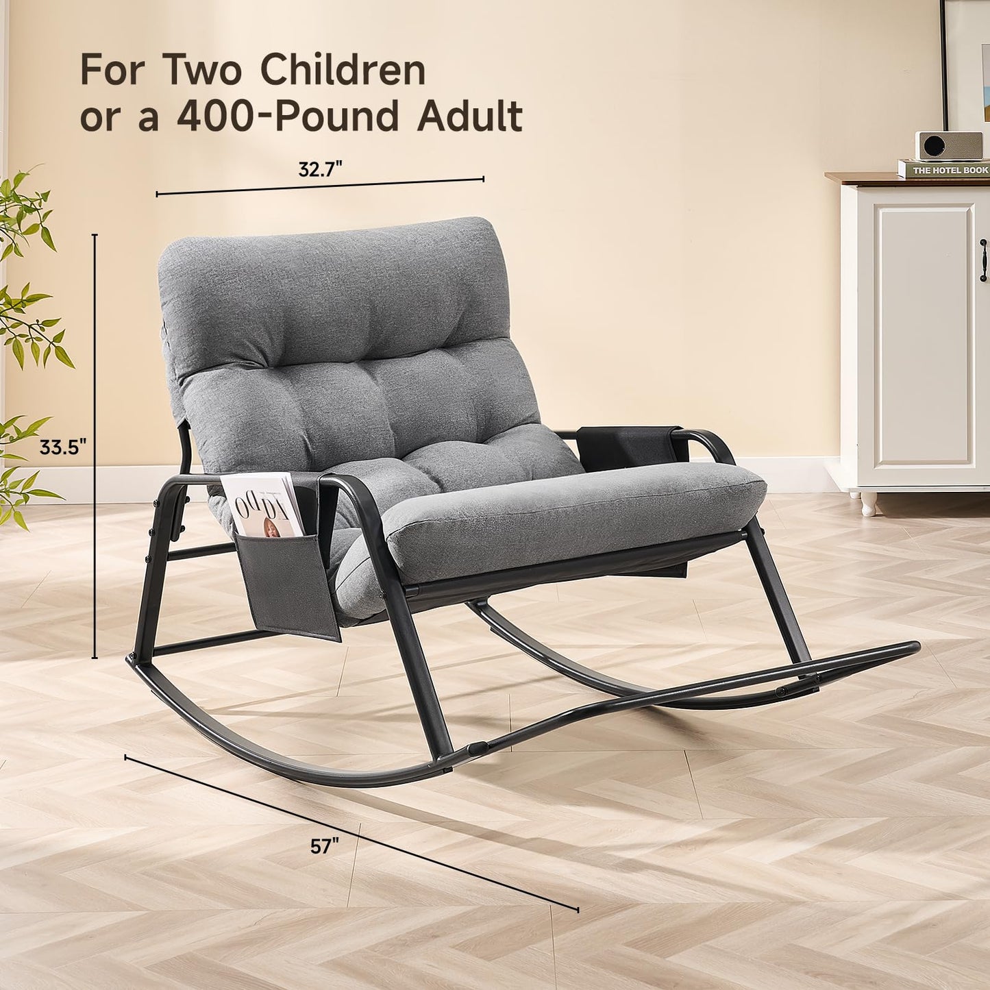 Outdoor Rocking Chair, Oversized Papasan Chair with Padded Cushion, Indoor & Outdoor Rocker Chair for Living Room, Bedroom, Patio, Garden, Gray
