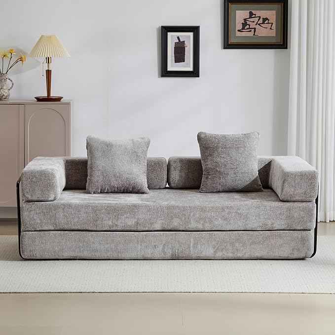 Convertible Couch Sofa Bed Foldable Floor Sleeper | Modern Fold Out Couch | Removable Backrest & Armrests | No Assembly Compression Sofa Sleeper for Living Room, Bedroom | Light Gray Chenille