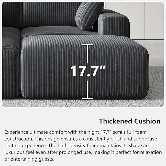 Domiqut 108" Cloud Couch Modular Sectional Sofa for Living Room,L-Shaped Boneless Couch with Deep Seat Chaise,No Assembly Required Foam Sleeper Sofa for Apartments,Plush Corduroy Fabric, Dark Gray