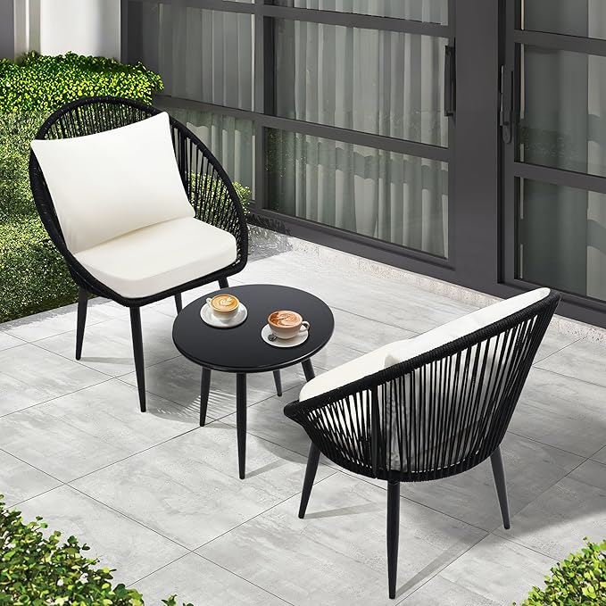 wildformers 3 Pieces Bistro Set, Woven Rope Chair with Cushions, All Weather Patio Conversation Set and Side Table, Ideal for Deck, Balcony, Poolside, Black