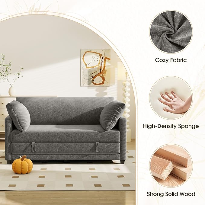 Myroyalsit 65" Convertible Loveseat Sofa Bed, 2-in-1 Folding Sofa Bed with 2 Pillow for Small Spaces, Modern Loveseat Sleeper Couch for Apartment, Living Room & Guest Room (Grey Chenille, 65 inch)