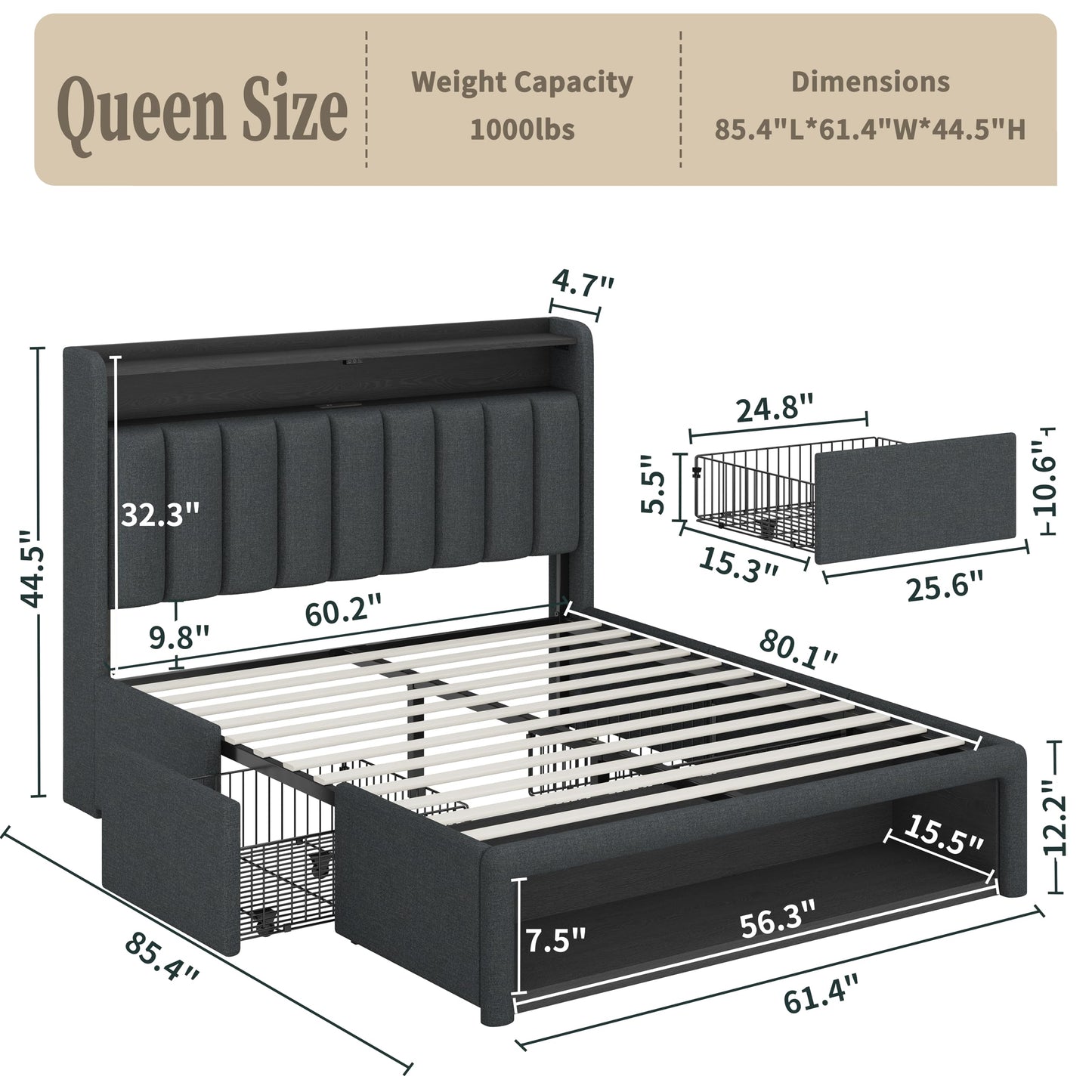ChicZhiNest Queen Bed Frame with Storage Headboard & Charging Station, LED Light, 2 Storage Drawers & Cabinet, Upholstered Platform Bed with Sturdy Wooden Slats, Noise-Free, No Box Spring, Dark Grey