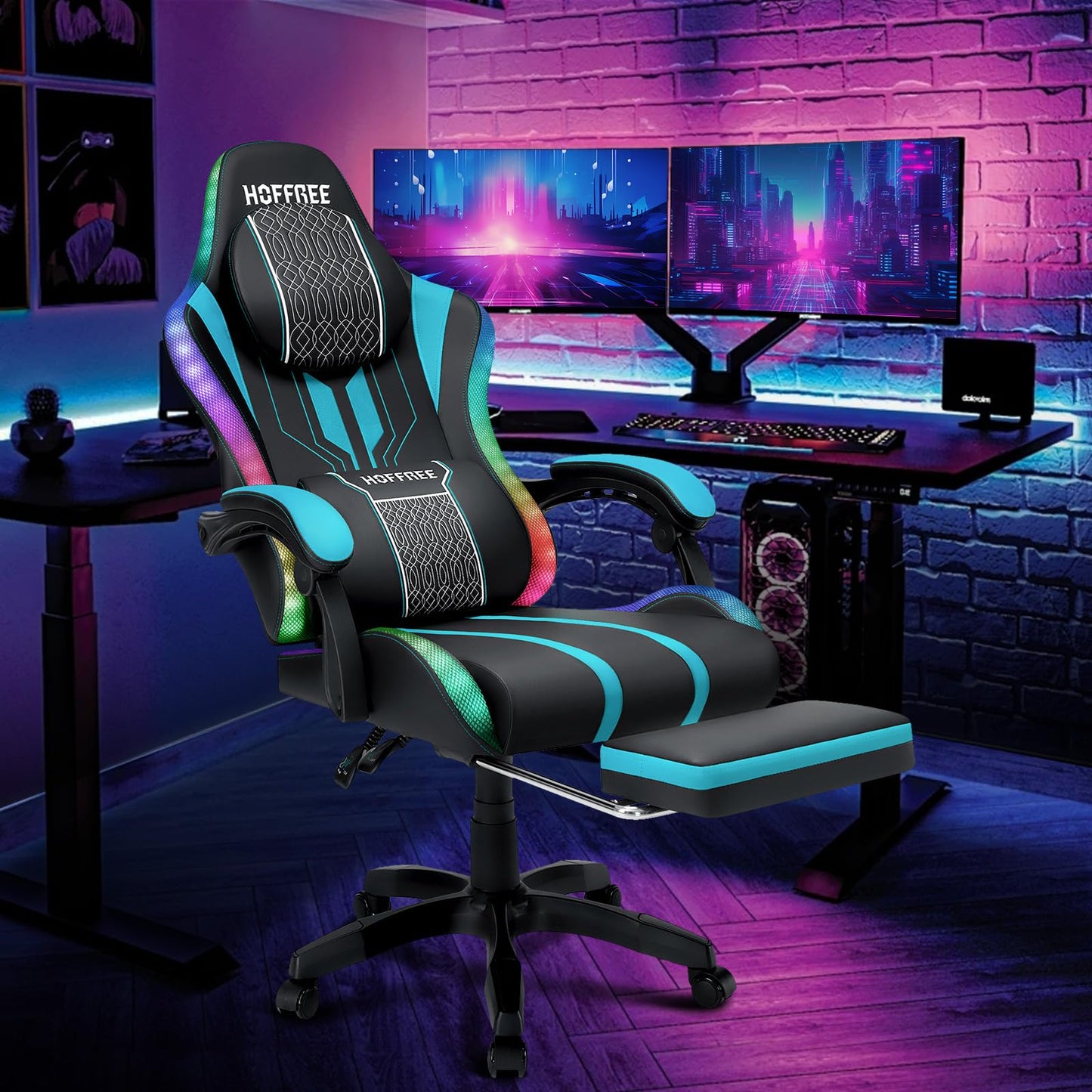 HOFFREE Led Gaming Chair with Speakers and Massage Video Game Chair Big and Tall for 400lbs with Footrest Reclining High Back Computer Desk Chair Blue and Black