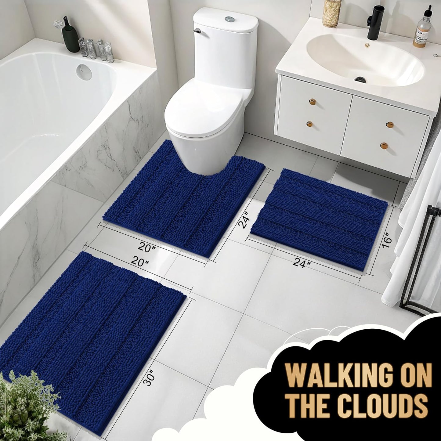 OLANLY Thick Bathroom Rugs 30x20, Extra Soft Absorbent Chenille Striped Bath Rugs, Rubber Backing, Machine Wash Dry, Bath Mats for Bathroom Floor, Tub and Shower, Home Decor Accessories, Navy
