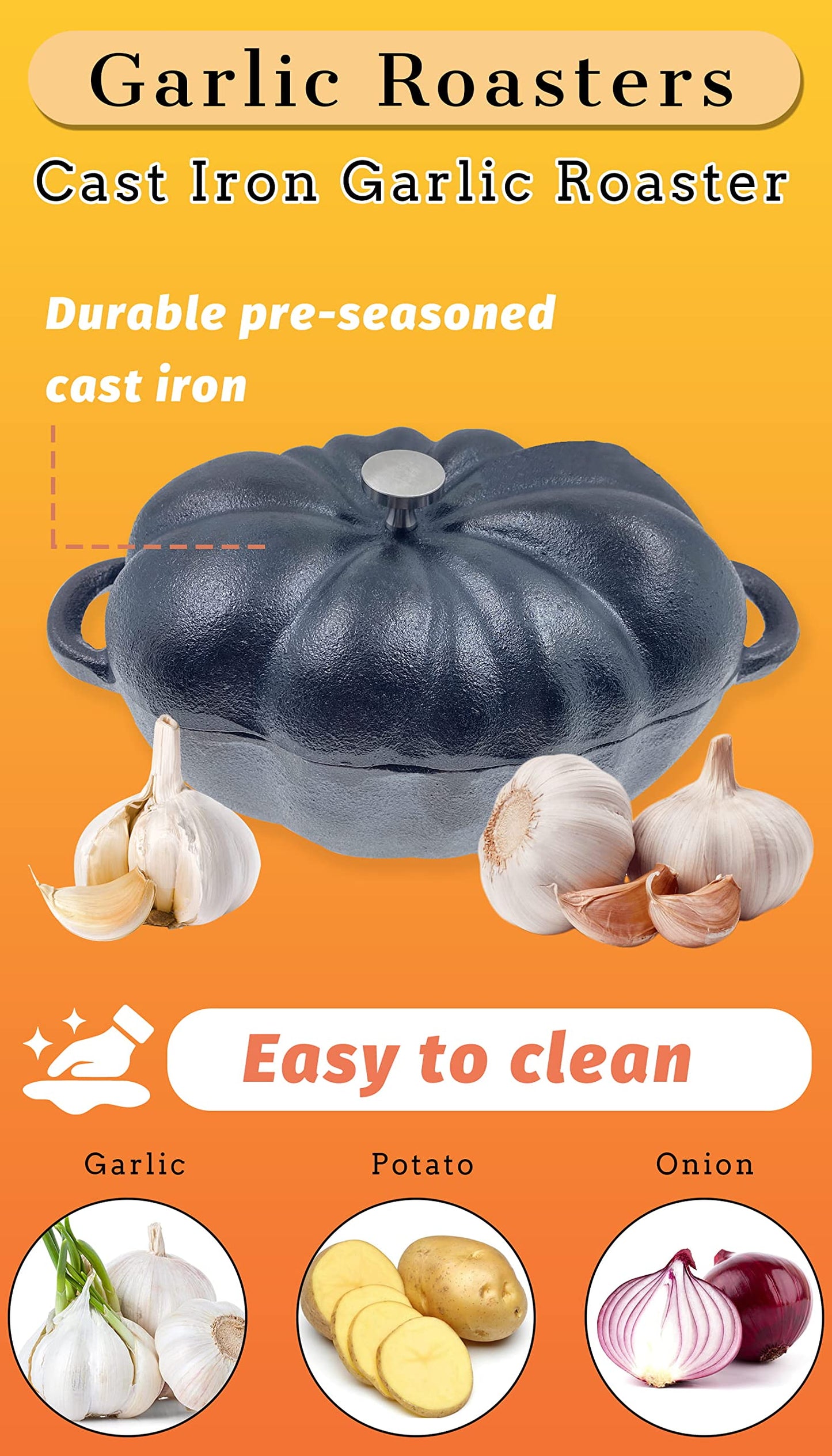 AOKDEER Garlic Roaster, Pre-Seasoned Cast Iron Garlic Roaster Oven Baker and Garlic Presses Set for Kitchen, Pumpkin Soup Pot Casserole, BBQ Grill Garlic Roasted Baker Tool for Outdoor Picnic Camping