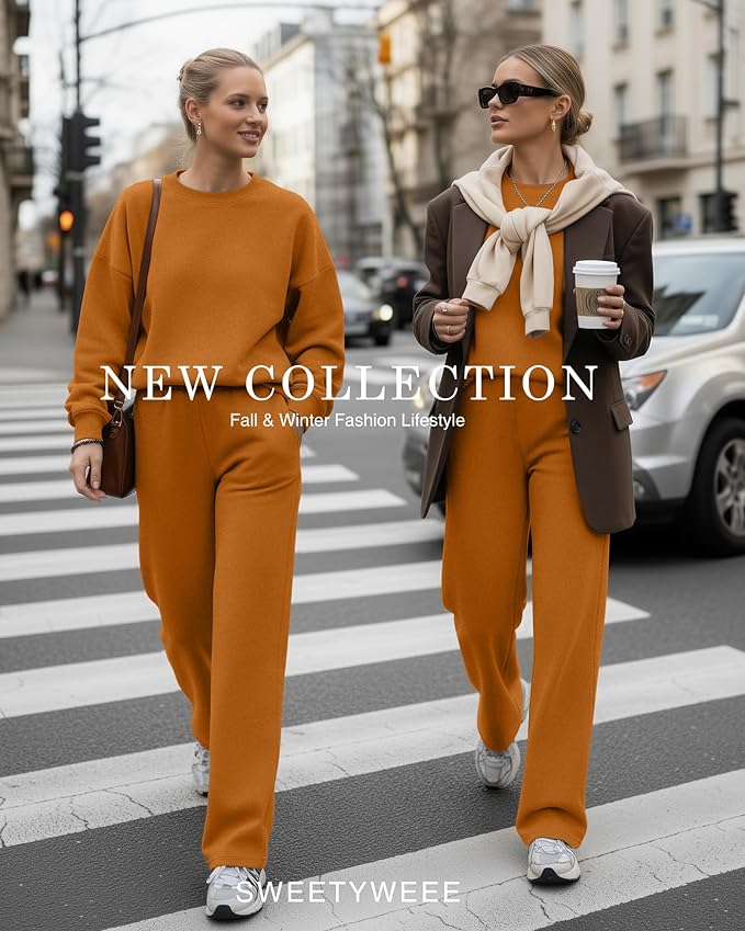 Sweetyweee Women's 2 Piece Outfits Set Fleece Lined Lounge Sweatsuit Crewneck Pullover Top Wide Leg Pants Casual Tracksuit