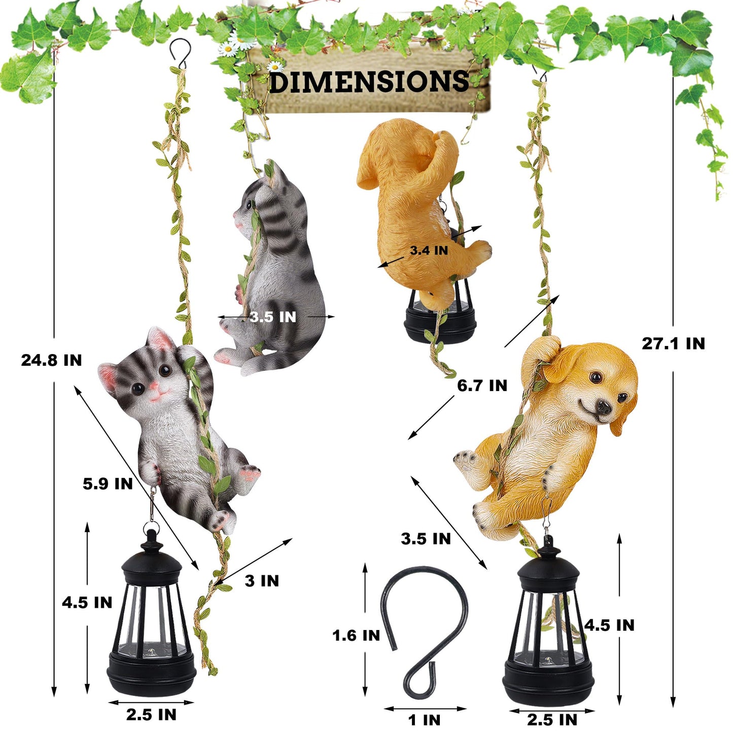 ZaaYee Set of 2 Solar Hanging Statue, Outdoor Resin Black White Cat & Golden Retriever Dog Figurine with LED Lights, Animal Ornament for Garden, Fence, Porch, Patio, Yard Decor