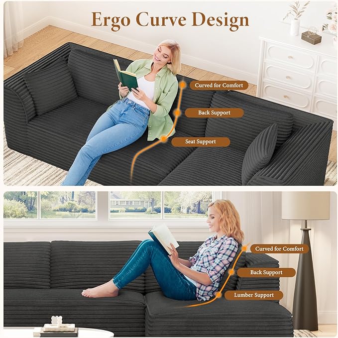 Vesgantti 106" Cloud Couch with Chaise, Deep Seat Fluffy Modular Sectional Sofa Corduroy Memory Foam Boneless Couches for Living Room Bedroom, No Assembly Required (Grey, Right-Facing Chaise)