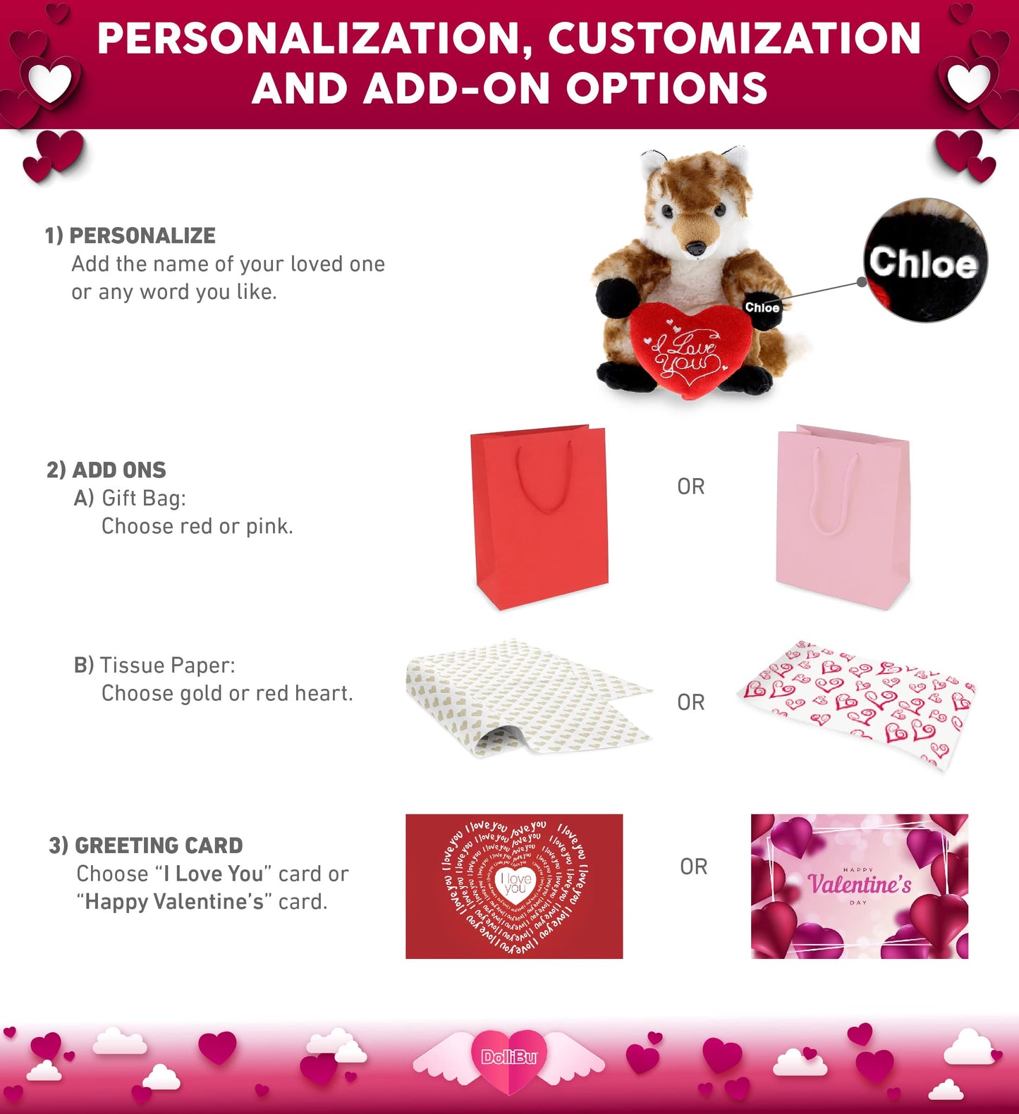 DolliBu I Love You Valentine Plush Brown Fox - Cute Stuffed Animal with Red Heart and Name Personalization Gift for Valentines Day, Birthday, Anniversary, Romantic Date - 9.5 Inches