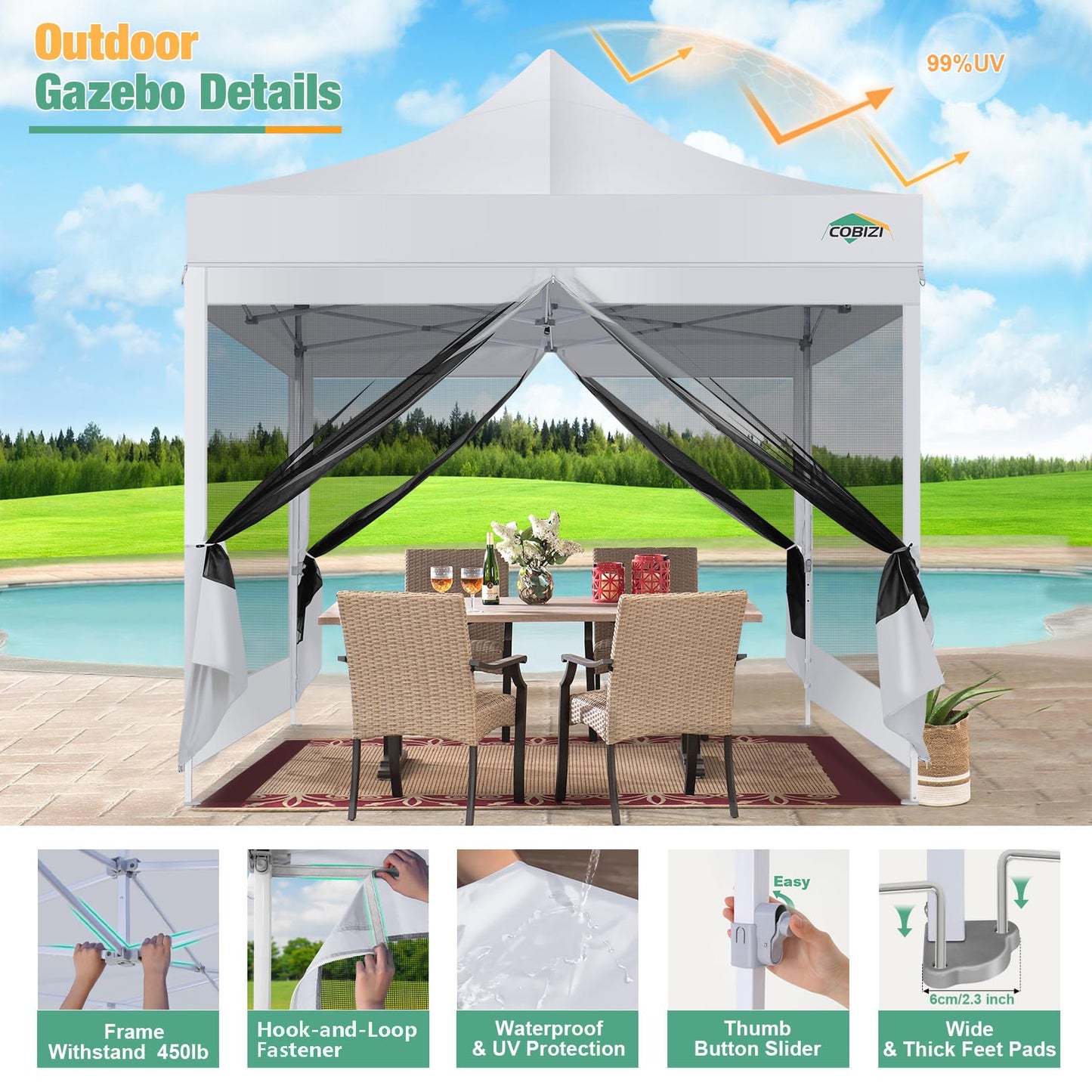 COBIZI Canopy Tent 10x10 Heavy Duty Pop Up Canopy with Sidewalls Waterproof,Easy to Set up Gazebo with Mosquito Netting Outdoor Mesh Screen Tents for Parties Wedding Party with Carry Bag, White
