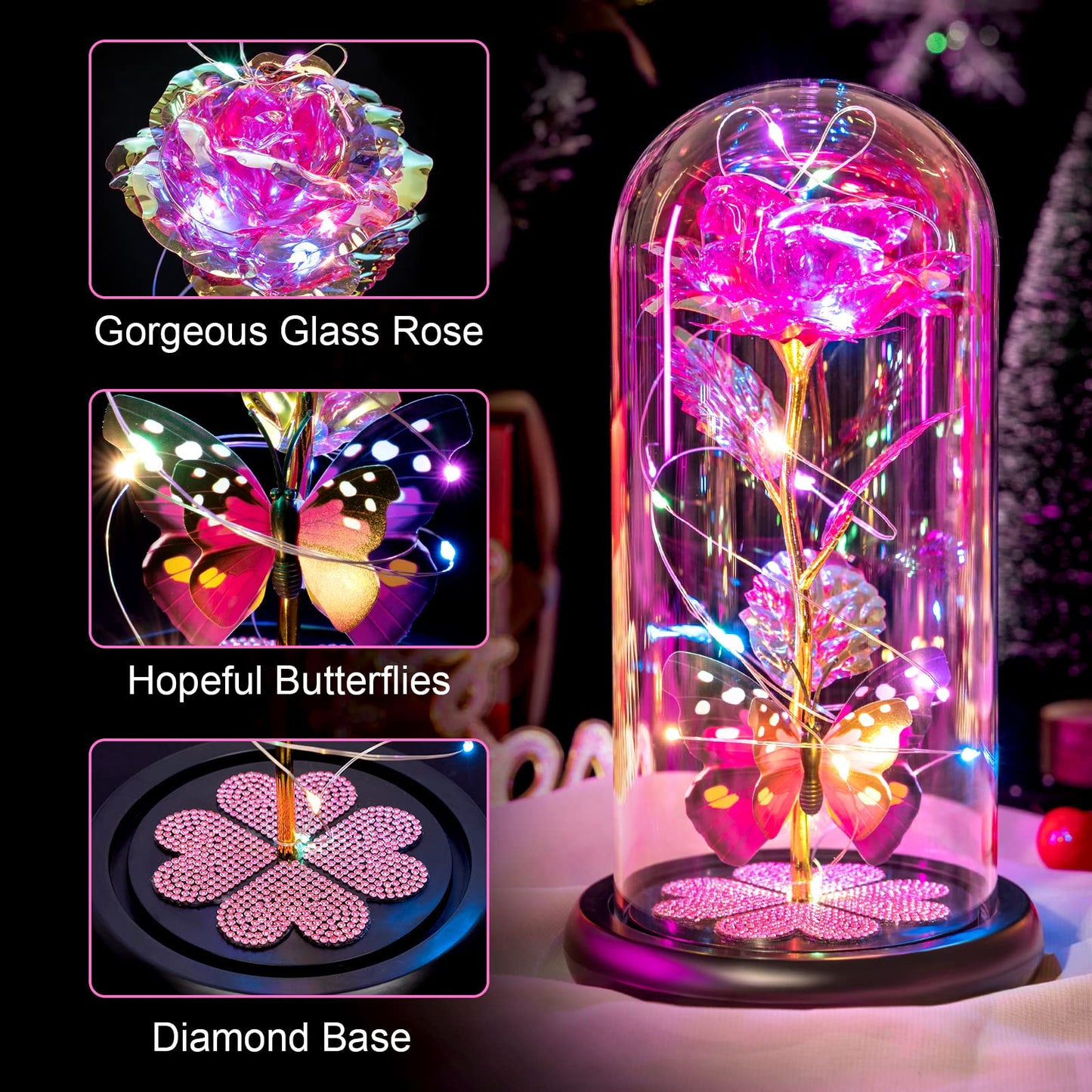 Birthday Gifts for Women Mom, Galaxy Glass Rose Forever Eternal Crystal Flower Light Up Rose in Glass Dome with Butterfly Mothers Day Christmas Rose Gifts for Her Wife Grandma Daughter Friends Pink
