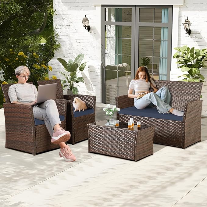 FHFO 4 Piece Outdoor Patio Furniture Sets, Patio Sectional Furniture Conversation Sofa Set, Rattan Table and Chairs and Loveseat with Cushions for Outside Balcony Porch Backyard (Brown-Blue)