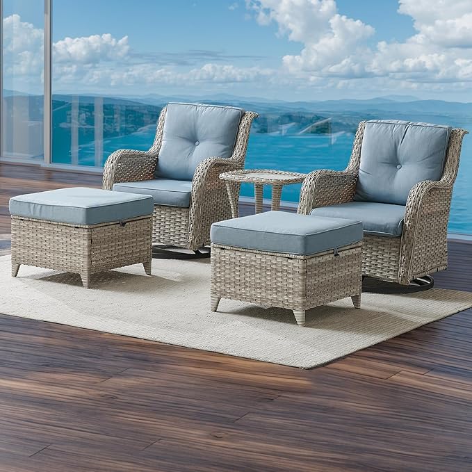 Patio Furniture Swivel Chairs Set - 5 Piece Rattan Wicker Outdoor Sectional Conversation Sets with 2 Swivel Rocking Chairs,2 Ottomans and 1 Side Table for Porch Deck Garden(Light Grey/Sky Blue)