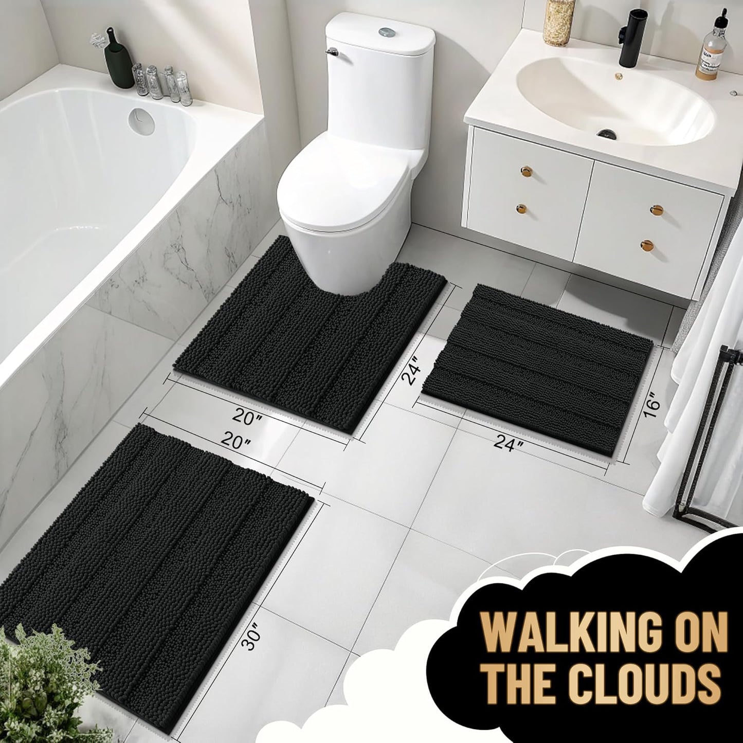OLANLY Thick Bathroom Rugs 44x24, Extra Soft Absorbent Chenille Striped Bath Rugs, Rubber Backing, Machine Wash Dry, Bath Mats for Bathroom Floor, Tub and Shower, Home Decor Accessories, Black