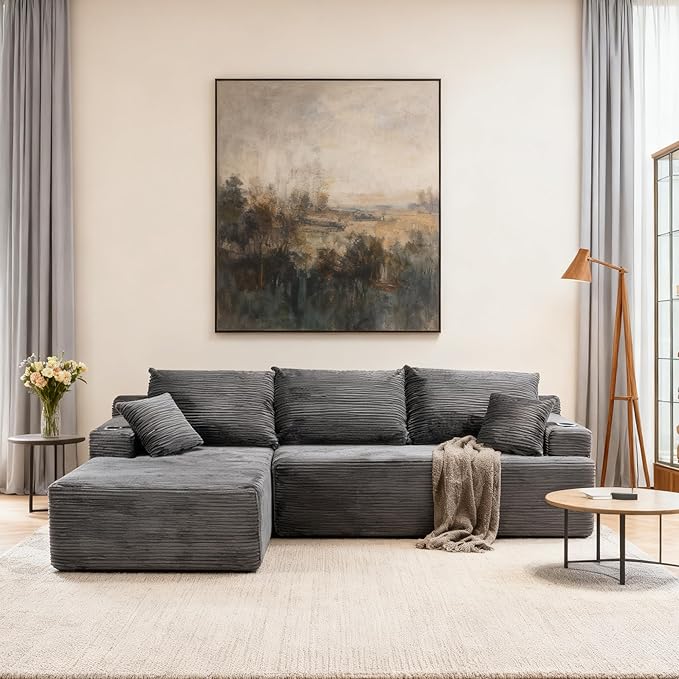 105" Cloud Sectional Couch with L-Shape Chaise, Modular Sectional Sofa with Deep Seat & 2 Cup Holders, Modern Corduroy Boneless Couches for Living Room, No Assembly Required, Left Facing Chaise, Grey | Pet Friendly, Flexible Layout