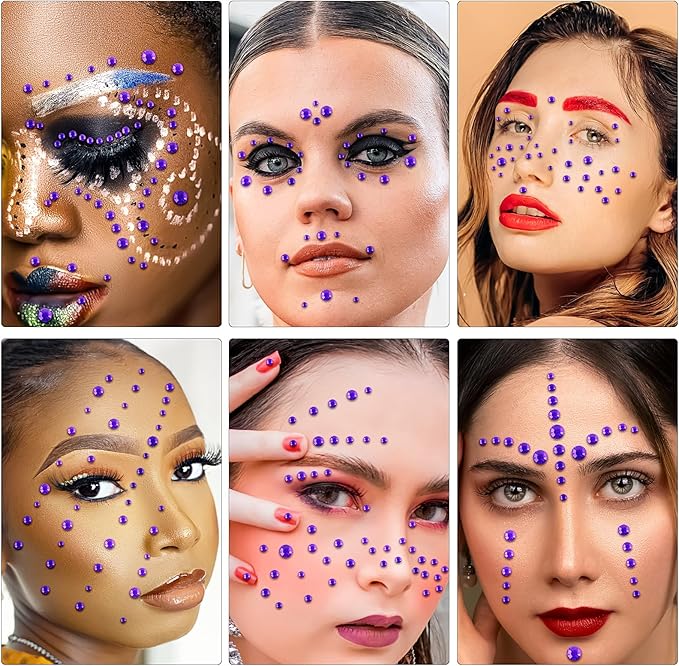 591pcs Face Gems Hair Gems Pearls, Self-Adhesive Face Jewels Eye Rhinestones 3/4/5/6/8 mm Face Gem Stick on, Halloween Makeup Gems Rave Accessories for Face Eyes Body Makeup (16.Dark Purple)