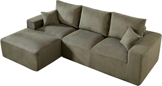 108" Modular Sectional Sofa, Compression Sofa with Deep Seat, Modular L-Shape Couch with Chaise, Upholstered Couches for Living Room Bedroom, No Assembly Required (Green Corduroy, 108" L Shape)
