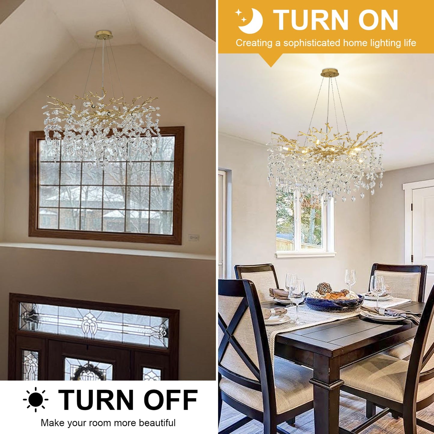 NIUZDU Gold Crystal Tree Branches Chandelier,23" Modern Round Crystal Chandeliers for Dining Room, K9 Crystal Lighting Fixture Chandelier for Bedroom, Living Room, Foyer,Kitchen Island,Bathroom
