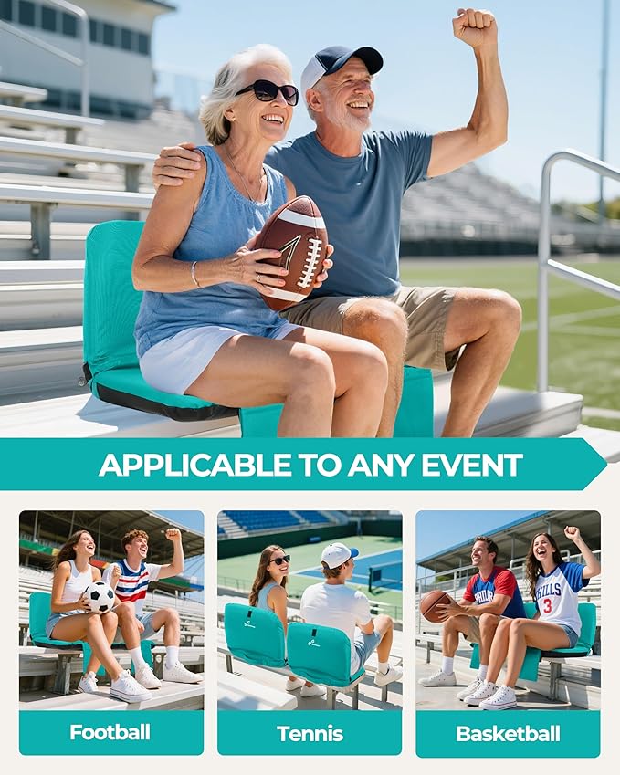 Sportneer Stadium Seats with Back Support: 6 Reclining Position Folding Bleacher Chairs with Back and Cushion - Padded Bleacher Seats with Shoulder Strap & Storage pocket for Events, Outdoors, Camping