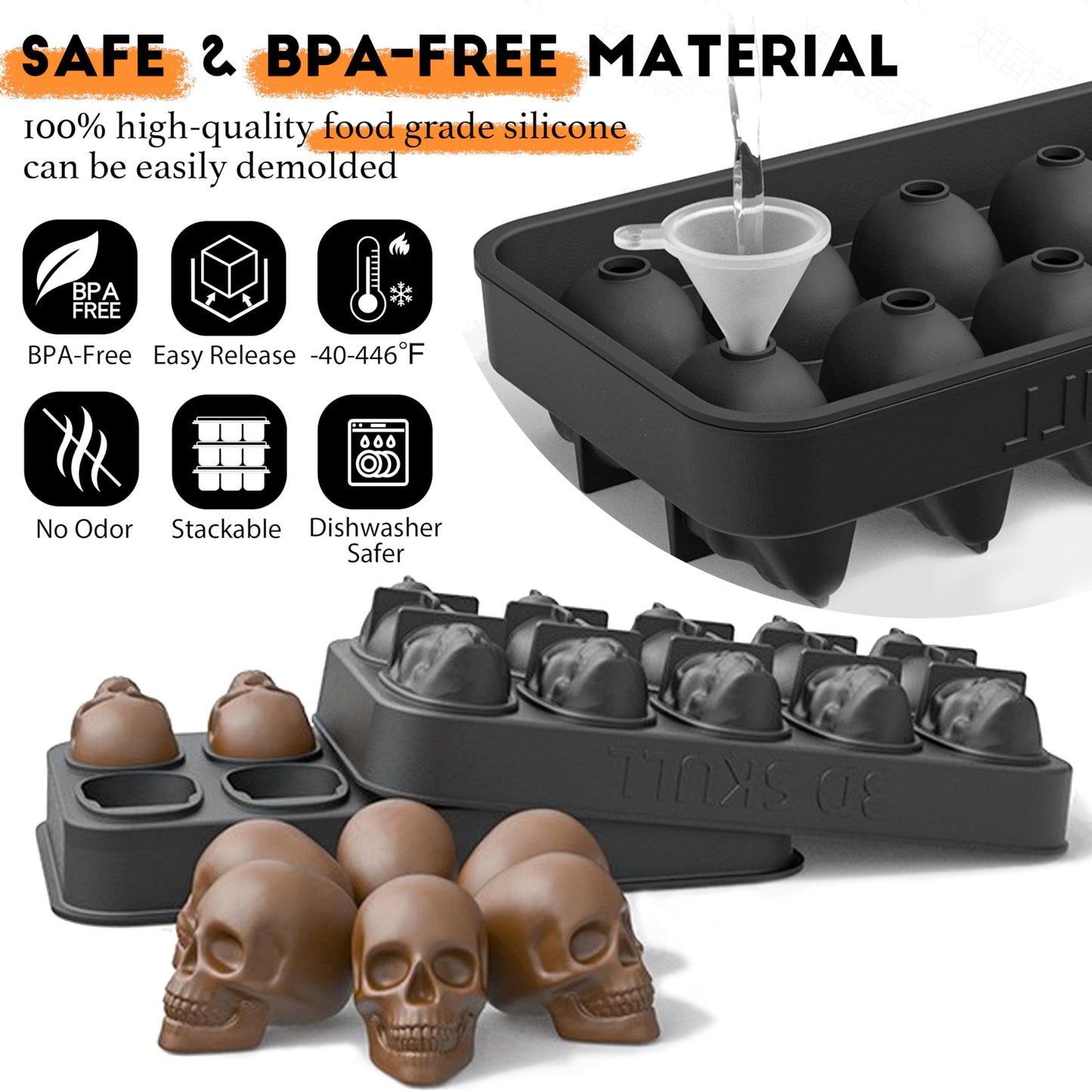 LUSHYUM Skull Ice Cube Mold Tray, 1 Pack BPA-Free Skeleton Head Maker Mold, Flexible & Easy Release 3D Skull Molds for Baking Whiskey Cocktail Chocolate Resin, Ideal Gift for Halloween Party