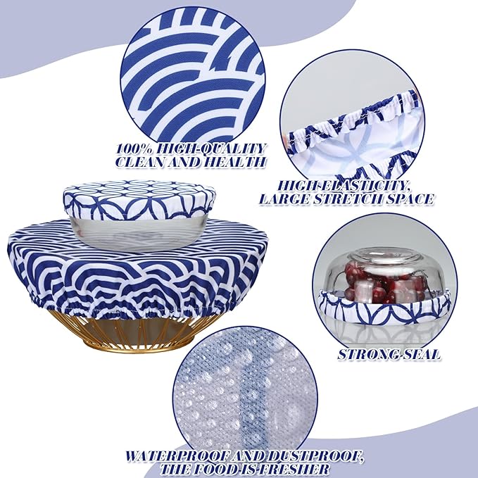 Patelai 10 Pcs Bowl Covers Reusable in 5 Size Stretch Cloth Fabric Elastic Food Storage Bowl Covers Bread Sourdough Lids for Proofing Food Fruits Leftover(Blue White,Stylish Style)