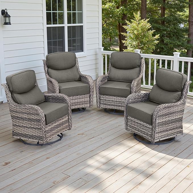 Rilyson Outdoor Swivel Rocker Chairs - All Weather Resistant Wicker Patio Furniture Set of 4 with High Back and 6 inch Thick Cushions for Deck Porch Yard and Poolside, Mixed Grey/Grey