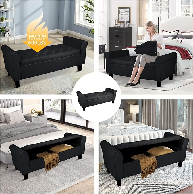 Babion Storage Bench for Bedroom End of Bed, Button Tufted Storage Ottoman Bench 51 Inch, End of Bed Storage Bench with Upholstered, Rolled Arm Window Bench Seat with Solid Wood Legs, Black