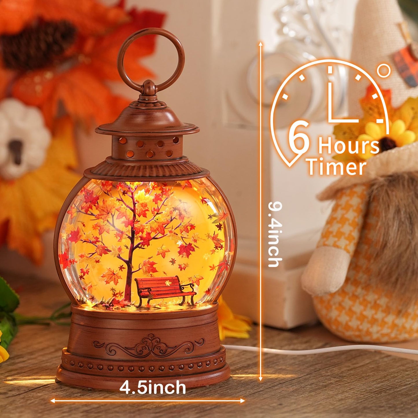 Fall Snow Globe Lantern Fall Decorations for Home Maple Leaf Scene Swirling Glitter/6H Timer Lighted Thanksgiving Autumn Decor