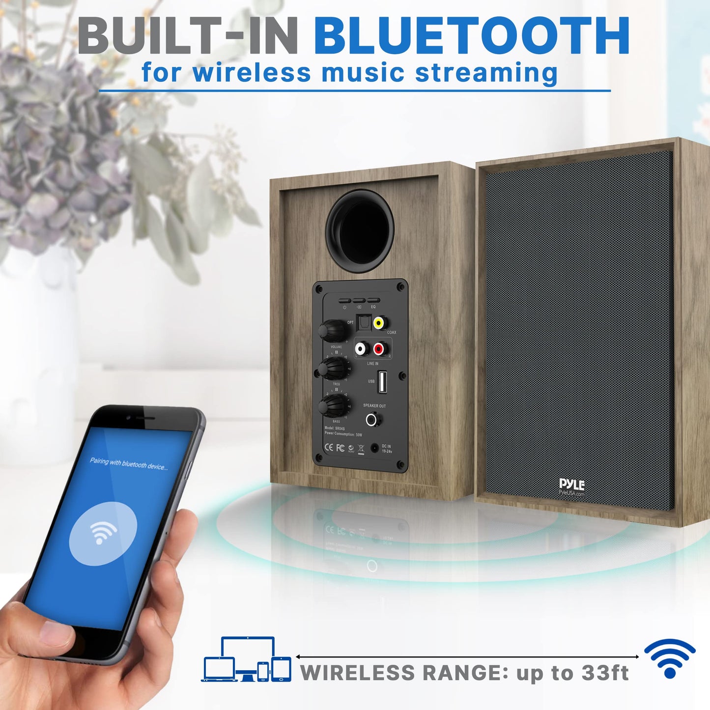 Pyleusa Powered Bookshelf Speaker Monitors Hifi Studio Monitor Computer Desk Stereo Speaker System Opt/Coax/Rca/Usb/Aux Out Conn