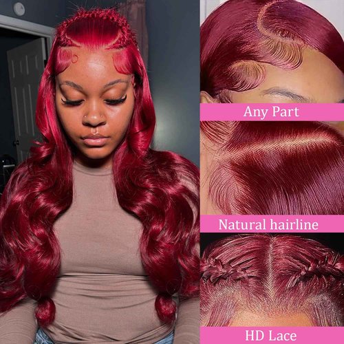 ZGBZGB 99j Burgundy Lace Front Wigs Human Hair 13x4 HD Transparent Body Wave Lace Front Wigs Human Hair Pre Plucked 180% Density Glueless Red Human Wigs for Women (24 Inch)