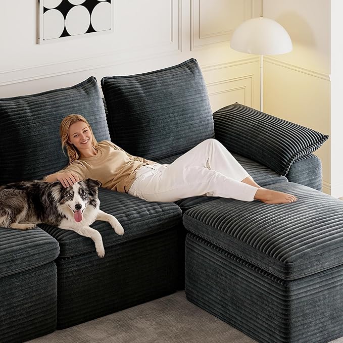 Buytime 104" Comfy Cloud Couch, Convertible Boneless Couches for Living Room, L Shaped Modular Sectional Sofa with Deep Seat, Double-Layer Cloud Cushion and Headrest, Pebble Grey