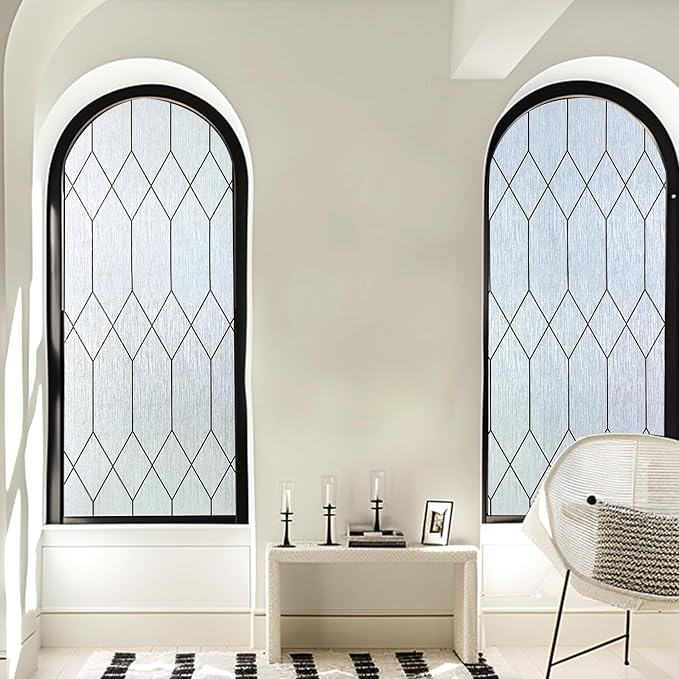 Windimiley Window Privacy Film Stained Glass Static Clings, Bathroom Frosted Leaded Decorative Window Stickers, UV Heat Blocking Opaque Removable for Home Door Coverings (23.6 x 394in,Rain)