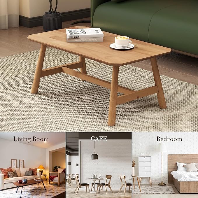 Ya-Home Farmhouse Coffee Table 35.5” Side Table Mid Century Wooden Table, Solid Wood Tea Table for Living Room Reception Room, Natural Finish