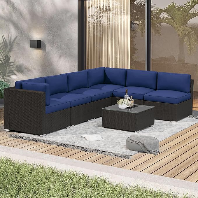 Crownland 7 Pieces Outdoor Patio Furniture Sets, All-Weather Black Wicker Rattan Sectional Sofa, Glass Coffee Table and Washable Seat Cushion with Zipper(Dark Blue)