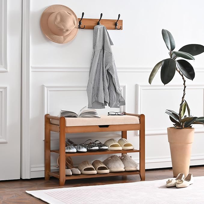 Homman Shoe Storage Bench with Coat Rack, 27.6in Hall Tree Shoe Rack, 3-Tier Bamboo Entryway Bench Holds Up to 330lb for Bedroom Hallyway