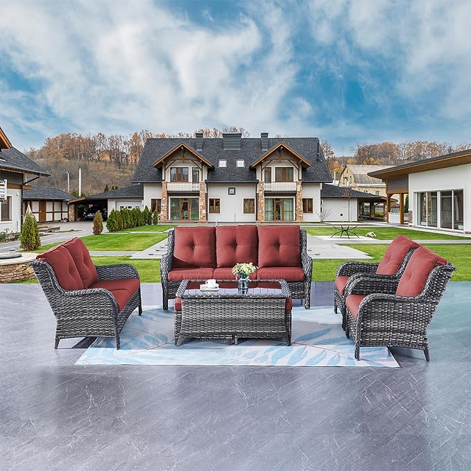 Rilyson Outdoor Patio Furniture Sofa Set - 7 PC Rattan Wicker Patio Sectional Conversation Sets with Sofa,Loveseat,Coffee Table,Armrest Chairs and Ottomans for Porch Deck Garden(Mixed Grey/Red)