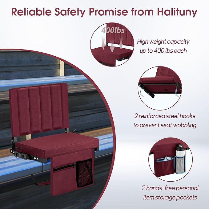 Halituny Stadium Seat for Bleachers with Back Support, Portable Bleacher Seat with Wide Comfy Padded Cushion, Metal Hook, Folding Stadium Chair with Shoulder Strap, Carry Handle, Cup Holder