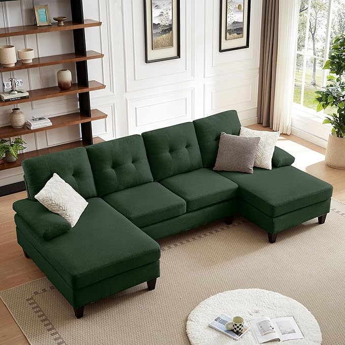 Chireca 111" Sectional Couch for Living Room, Modern Polyester Fibre U Shaped Sofa Couches with Double Chaise, Upholstered 4 Seater Sofa for Living Room, Apartment, Office, Dark Green