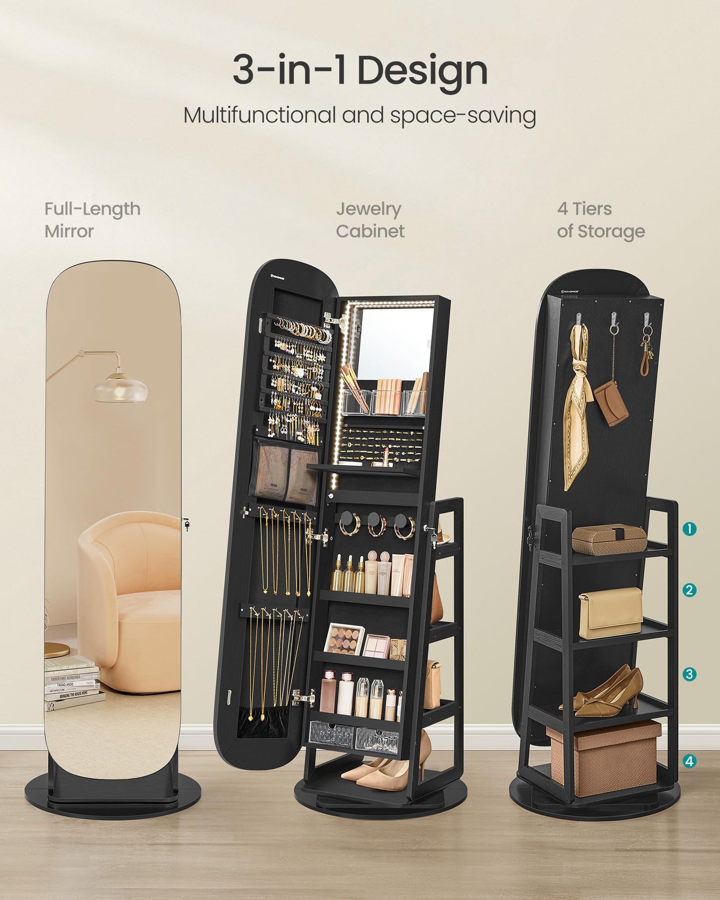 SONGMICS LED Jewelry Cabinet, 360° Swivel Jewelry Organizer, Lockable Mirror Jewelry Cabinet Standing, Rounded Wide Full-Length Mirror with Storage Shelves, Interior Mirror, Ebony Black UJJC036B01