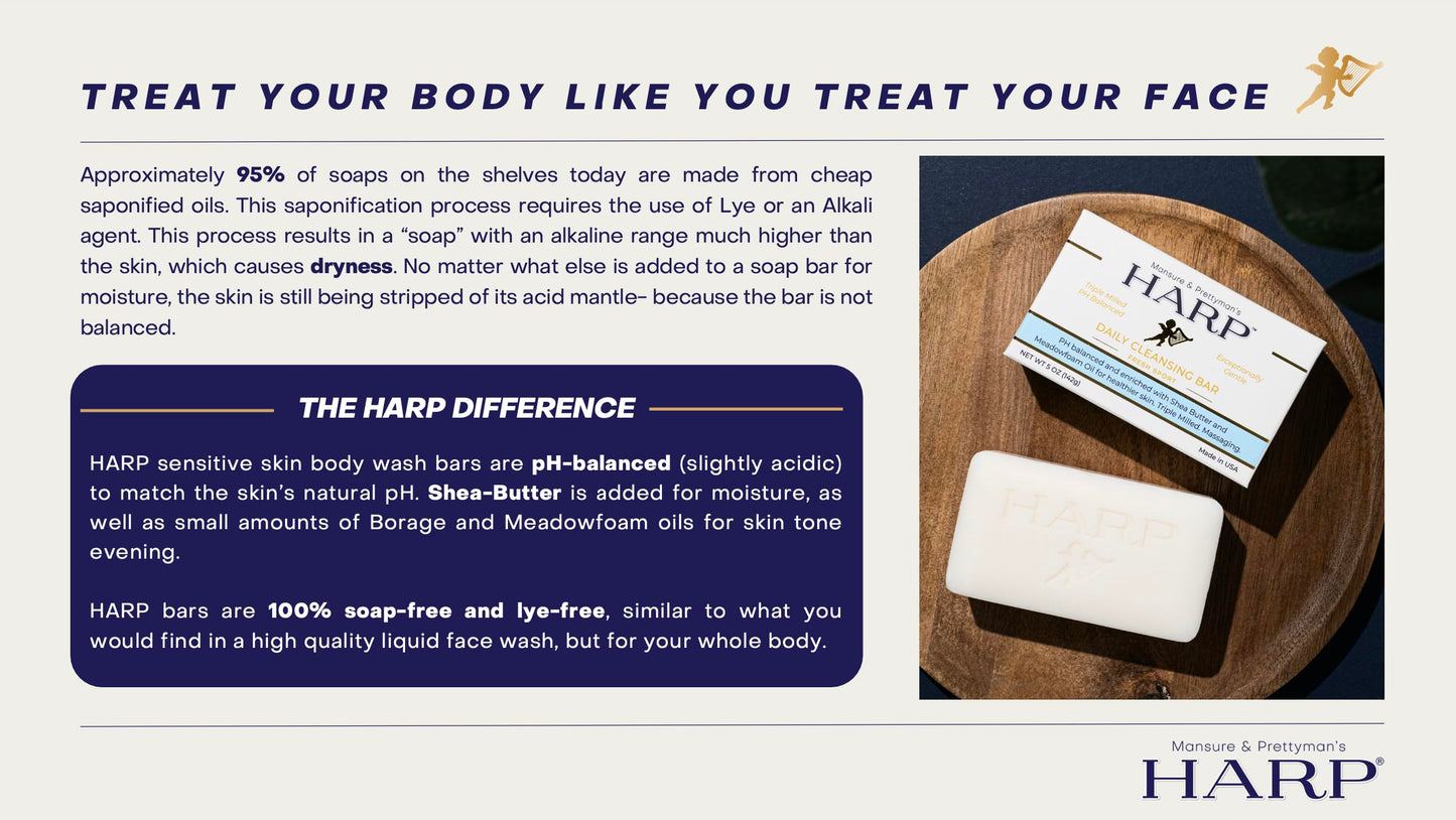 HARP pH-Balanced (5.0-6.0) Exfoliating Body Wash Bar - FRAGRANCE FREE. Bamboo Powder Exfoliation -the perfect consistency. Soap/